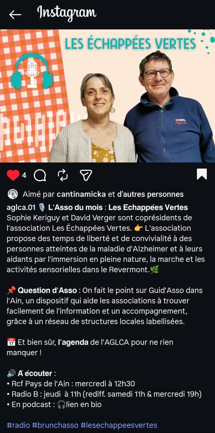 Podcast Radio B capture d'écran instagram du podcast de radio b sur l'association les échappées vertes 01
